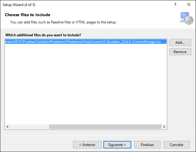 Imagen 06, paso (4 de 5) del Asistente del instalador. Añadir los archivos adicionales que desee distribuir al usuario. 