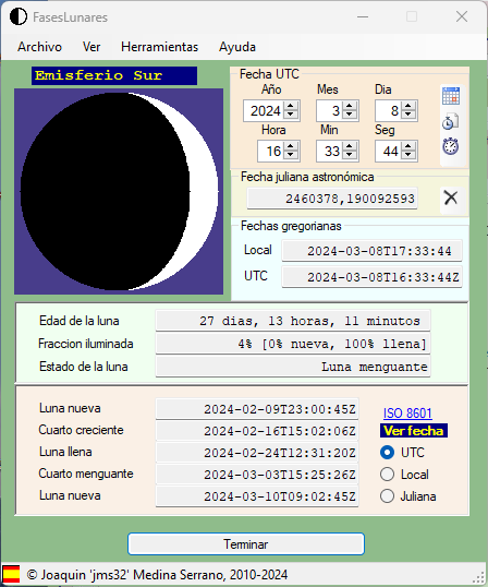 Imagen de la pantalla principal de la herramienta Fases Lunares